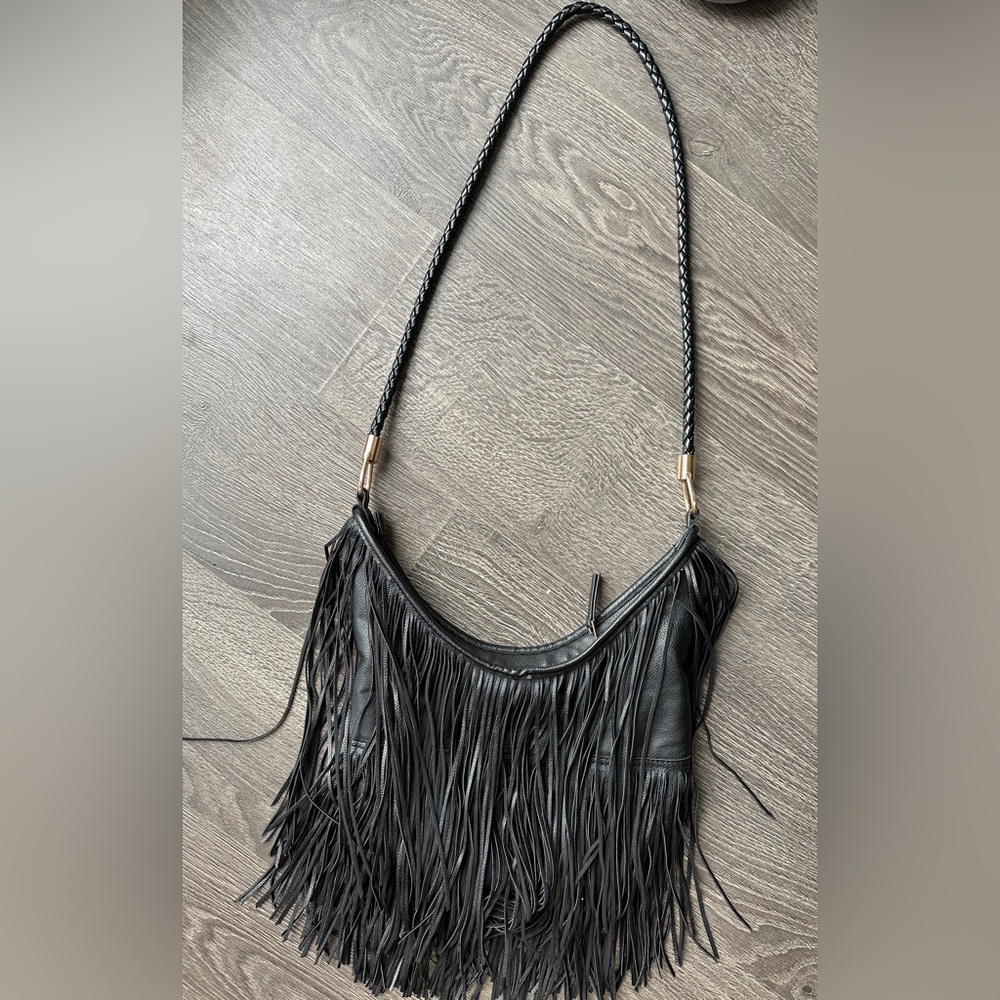 H&M Fringed Black Leather Shoulder Bag